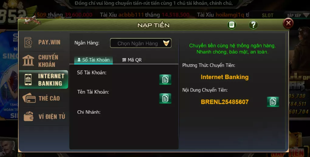 Hướng dẫn nạp tiền